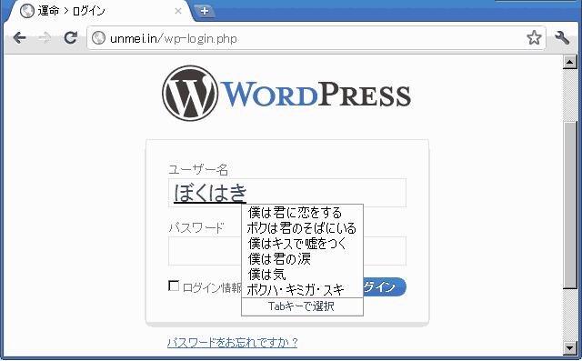 Wordpressログイン時にimeに関係なく絶対に半角英数入力 運命って自分の中から見つけるもんだろ